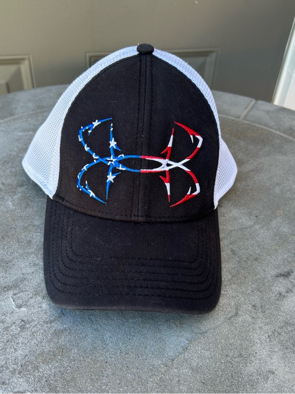 Under Armour Black & White Hat with Red, White & Blue Logo